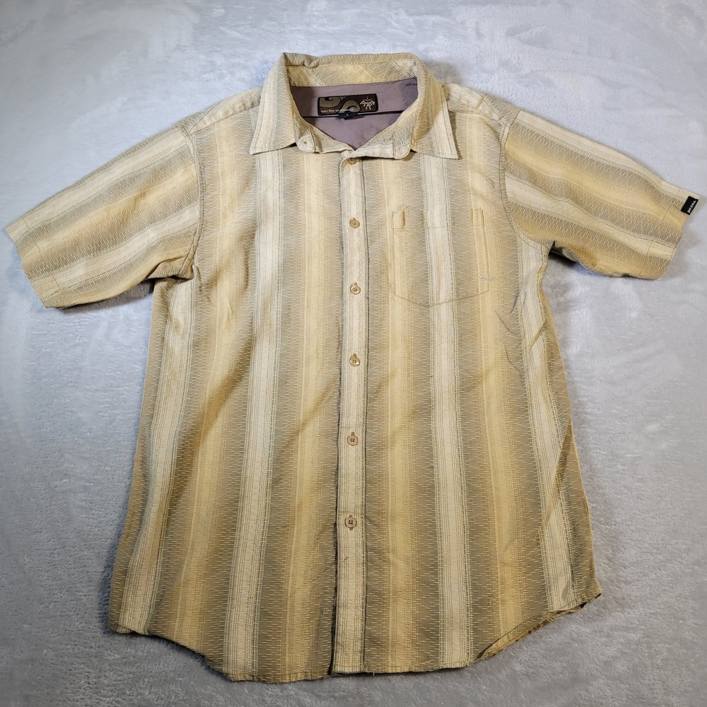 prAna Shirt Mens L Tan Textured Stripe Button Down Short Sleeve Outdoor Casual